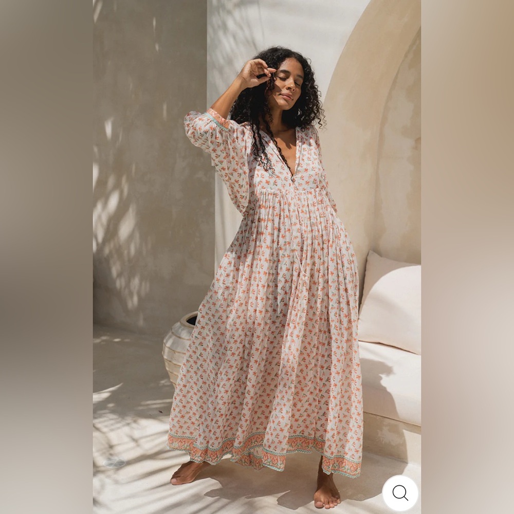 Daughters of India Cream Maxi Dress with Coral Floral Print